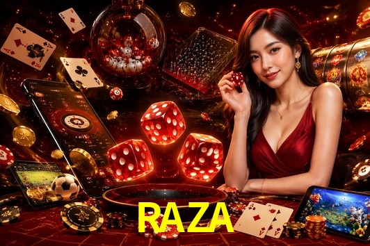 Una escena digital vívida inspirada en casino con RAZA mostrado prominentemente, luces brillantes, fichas, cartas y acentos dorados.