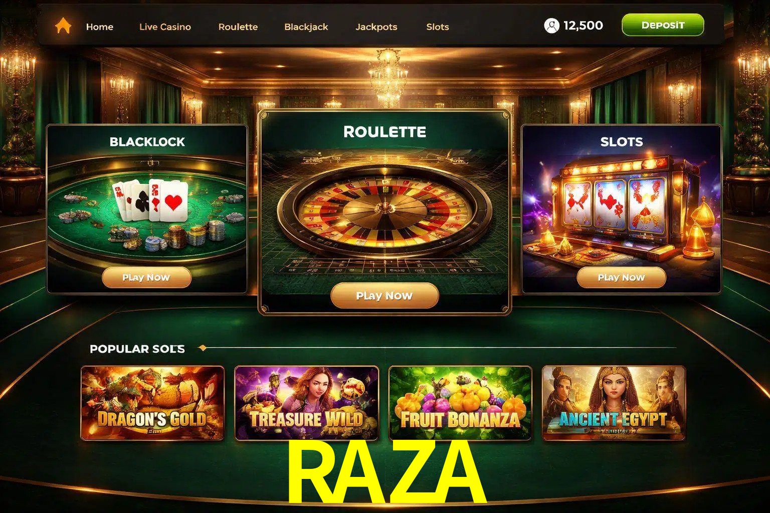 Vista de la plataforma RAZA Casino mostrando categorías organizadas de juegos en línea