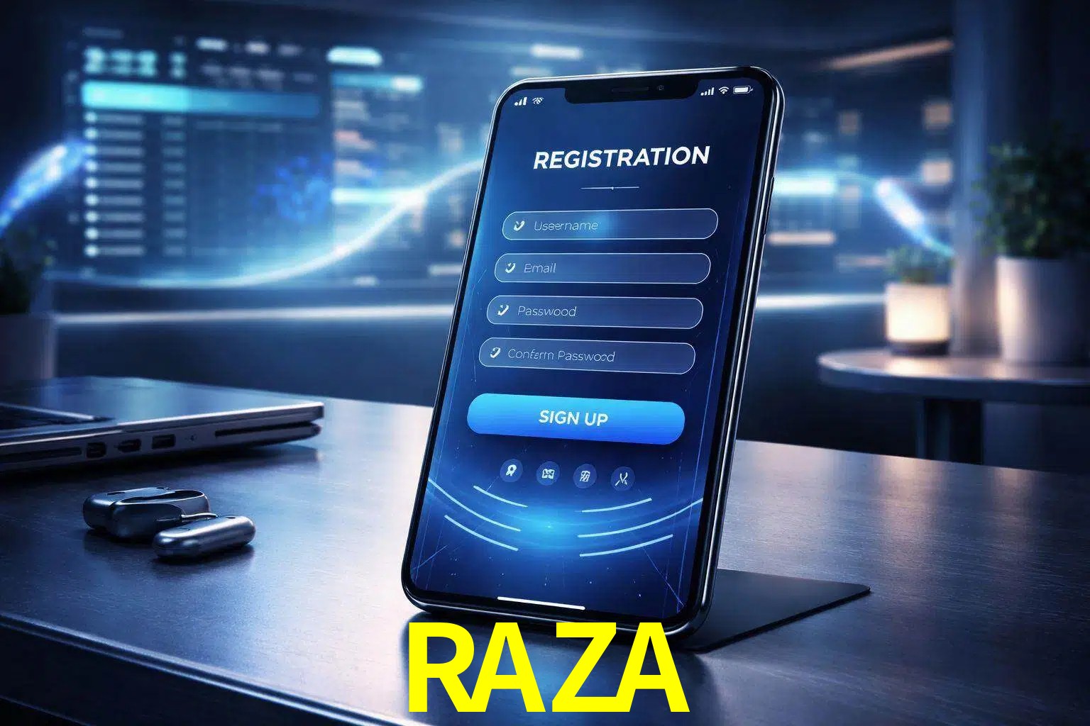 Una interfaz moderna de registro móvil para RAZA mostrada en un smartphone con un panel de apuestas elegante.